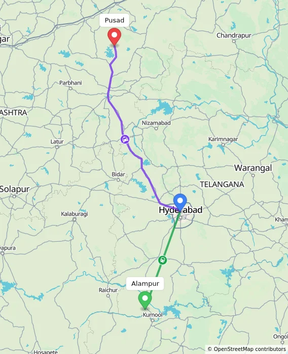 Route map showing distance and travel time from Alampur, India to Pusad, India