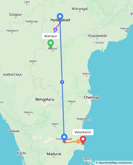 Route map showing distance and travel time from Alampur, India to Velankanni, India