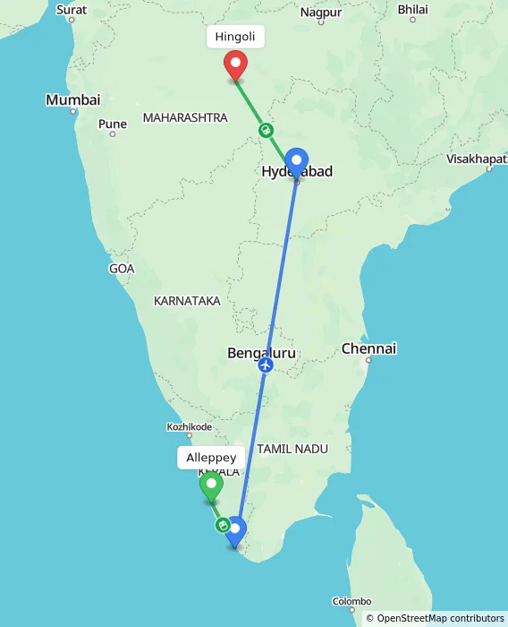 Route map showing distance and travel time from Alappuzha, India to Hingoli, India