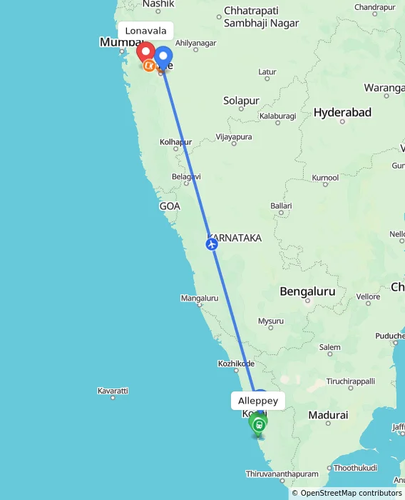 Route map showing distance and travel time from Alappuzha, India to Lonavala, India