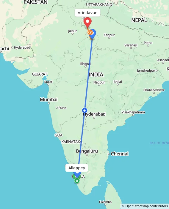 Route map showing distance and travel time from Alappuzha, India to Vrindavan, India
