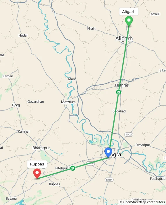 Route map showing distance and travel time from Aligarh, India to Rupbas, India