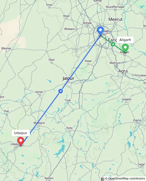 Route map showing distance and travel time from Aligarh, India to Udaipur, India