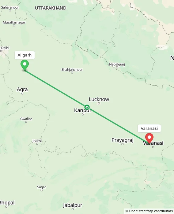 Route map showing distance and travel time from Aligarh, India to Varanasi, India