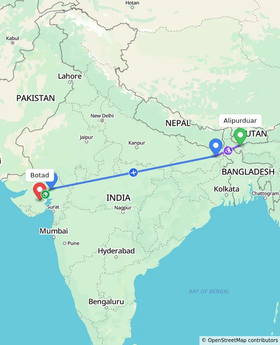 Route map showing distance and travel time from Alipurduar, India to Botad, India