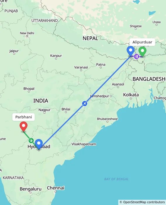 Route map showing distance and travel time from Alipurduar, India to Parbhani, India