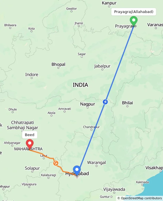 Route map showing distance and travel time from Allahabad, India to Beed, India