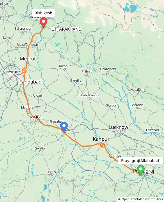 Route map showing distance and travel time from Allahabad, India to Rishikesh, India