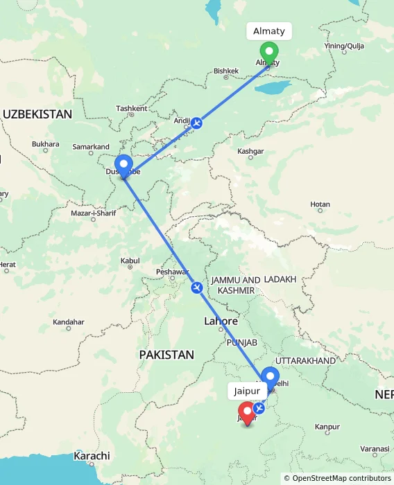 Route map showing distance and travel time from Almaty, Kazakhstan to Jaipur, India