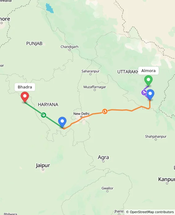 Route map showing distance and travel time from Almora, India to Bhadra, India