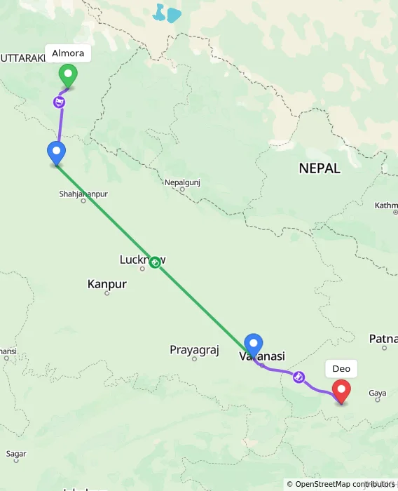 Route map showing distance and travel time from Almora, India to Deo, India