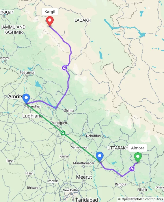 Route map showing distance and travel time from Almora, India to Kargil, India