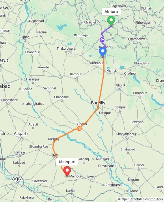 Route map showing distance and travel time from Almora, India to Mainpuri, India