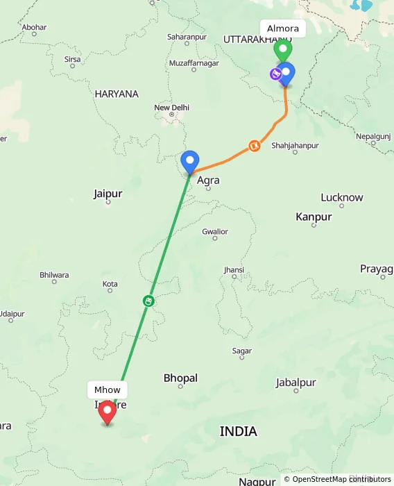 Route map showing distance and travel time from Almora, India to Mhow, India