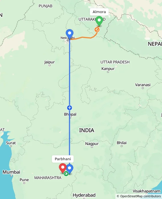 Route map showing distance and travel time from Almora, India to Parbhani, India