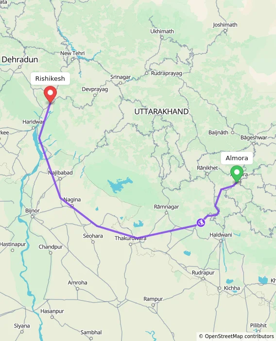 Route map showing distance and travel time from Almora, India to Rishikesh, India