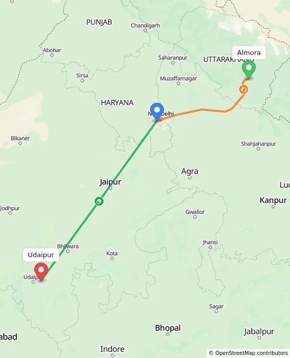 Route map showing distance and travel time from Almora, India to Udaipur, India