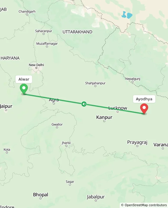 Route map showing distance and travel time from Alwar, India to Ayodhya, India