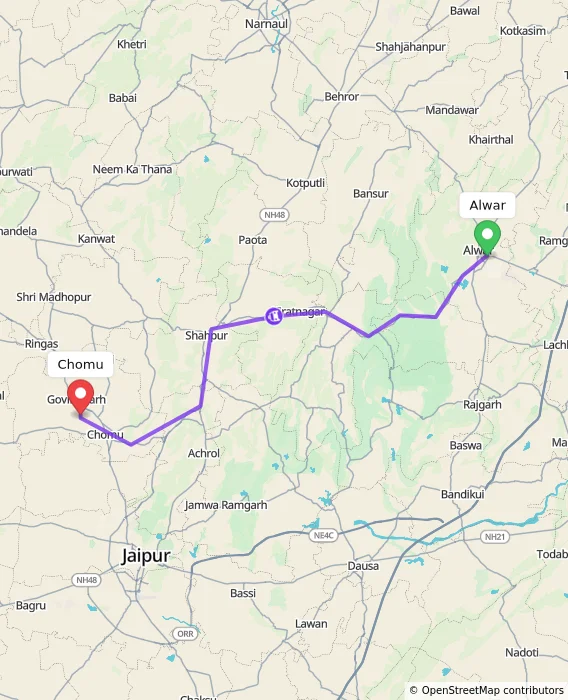 Route map showing distance and travel time from Alwar, India to Chomu, India
