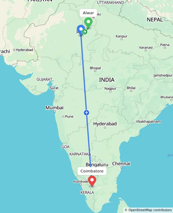 Route map showing distance and travel time from Alwar, India to Coimbatore, India