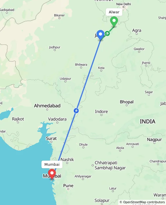 Route map showing distance and travel time from Alwar, India to Mumbai, India