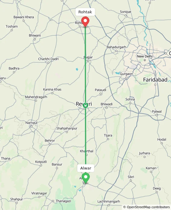 Route map showing distance and travel time from Alwar, India to Rohtak, India