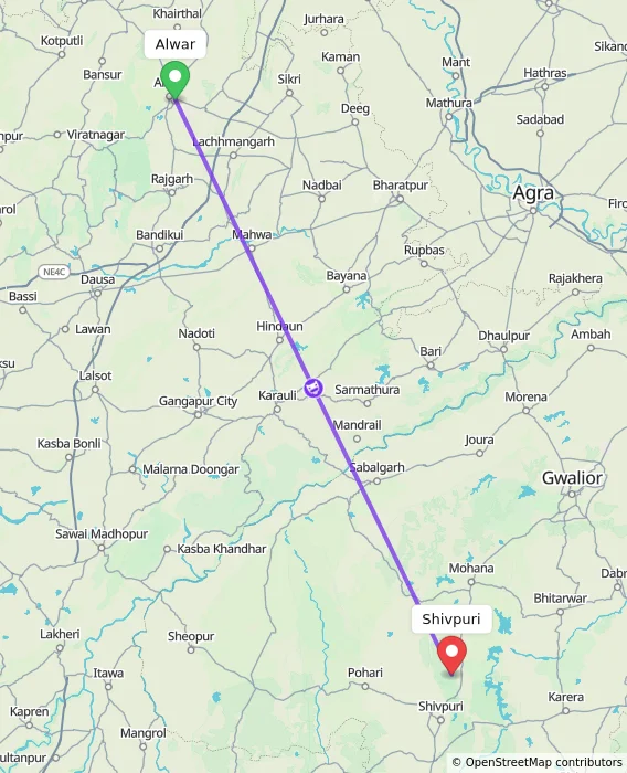 Route map showing distance and travel time from Alwar, India to Shivpuri, India