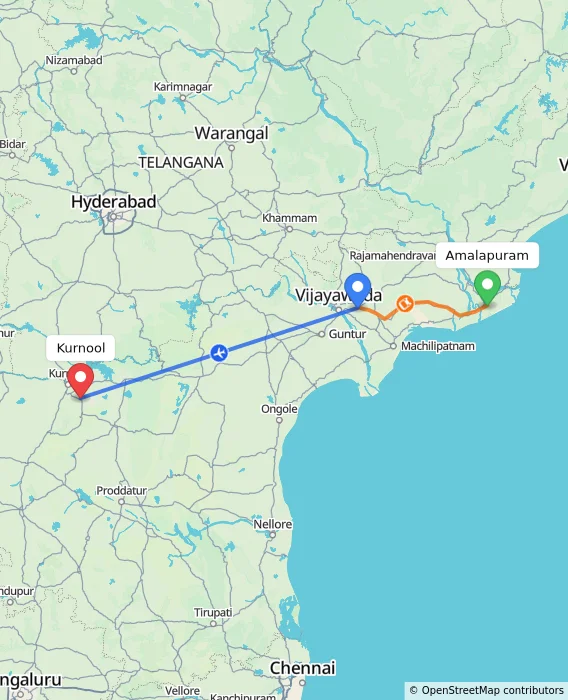Route map showing distance and travel time from Amalapuram, India to Kurnool, India