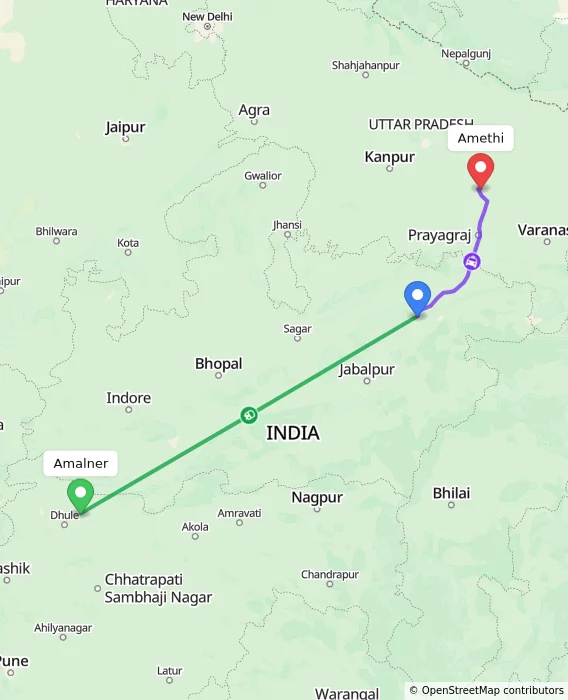 Route map showing distance and travel time from Amalner, India to Amethi, India