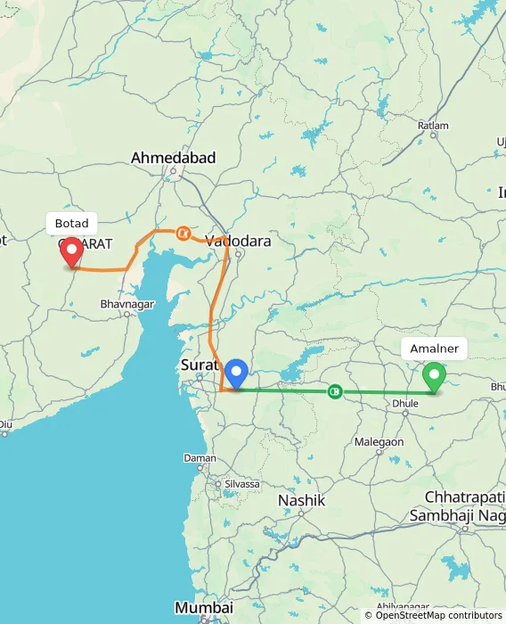 Route map showing distance and travel time from Amalner, India to Botad, India