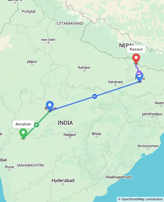 Route map showing distance and travel time from Amalner, India to Raxaul, India