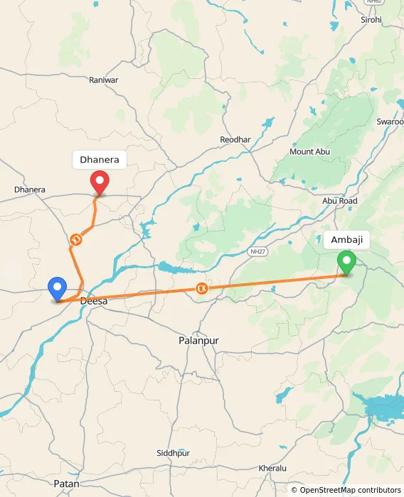 Route map showing distance and travel time from Ambaji, India to Dhanera, India