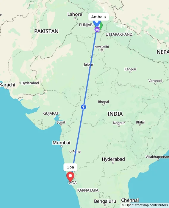 Route map showing distance and travel time from Ambala, India to Goa, India