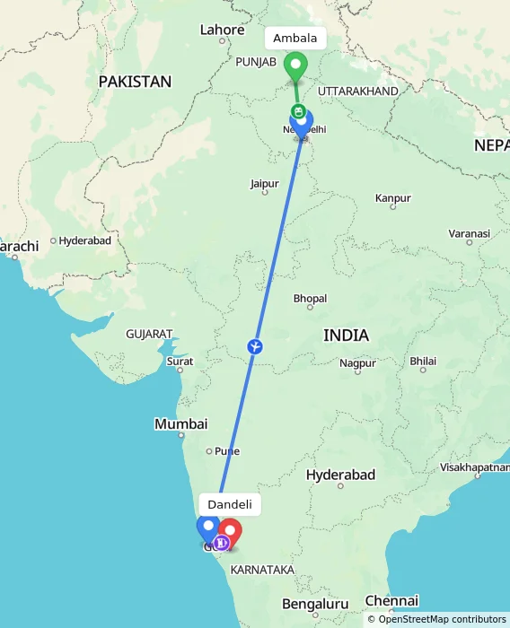 Route map showing distance and travel time from Ambala, India to Dandeli, India