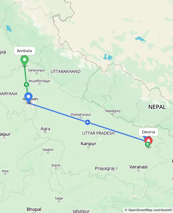 Route map showing distance and travel time from Ambala, India to Deoria, India