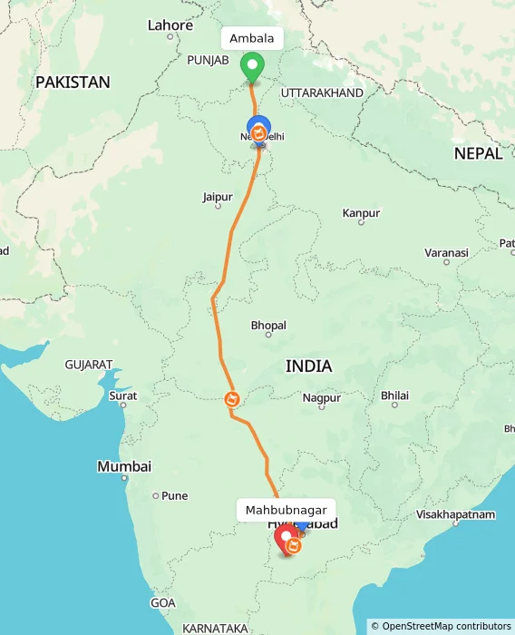 Route map showing distance and travel time from Ambala, India to Mahbubnagar, India