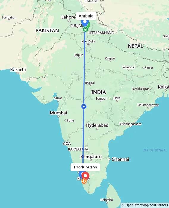 Route map showing distance and travel time from Ambala, India to Thodupuzha, India
