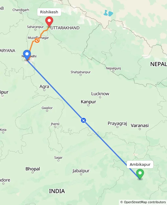 Route map showing distance and travel time from Ambikapur, India to Rishikesh, India