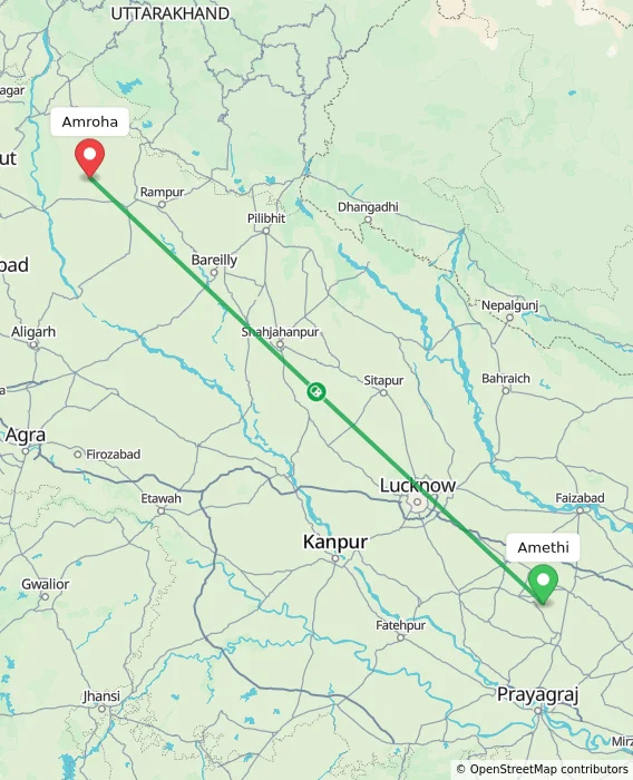 Route map showing distance and travel time from Amethi, India to Amroha, India