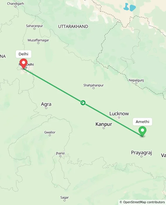 Route map showing distance and travel time from Amethi, India to Delhi, India