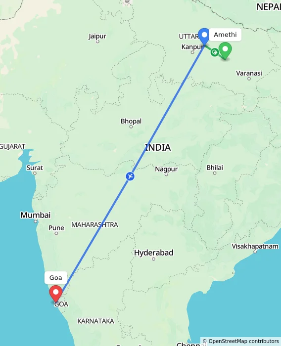 Route map showing distance and travel time from Amethi, India to Goa, India