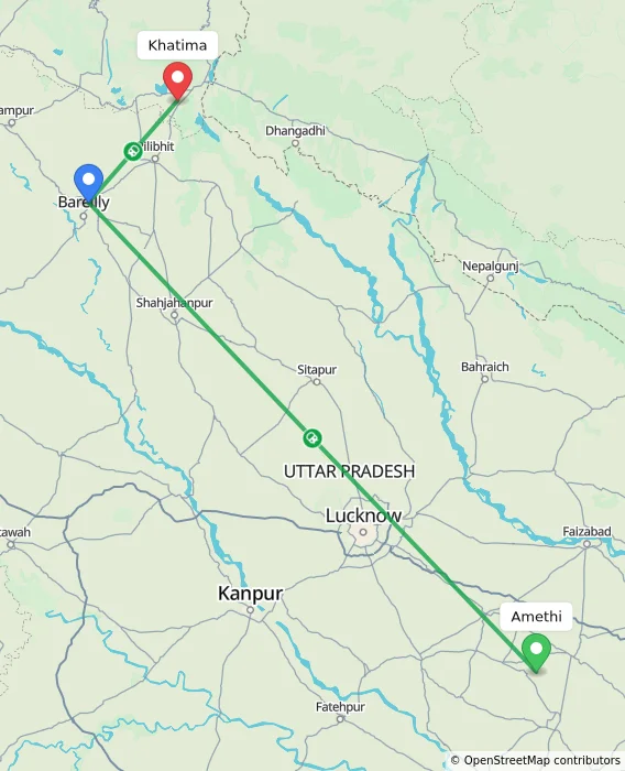 Route map showing distance and travel time from Amethi, India to Khatima, India
