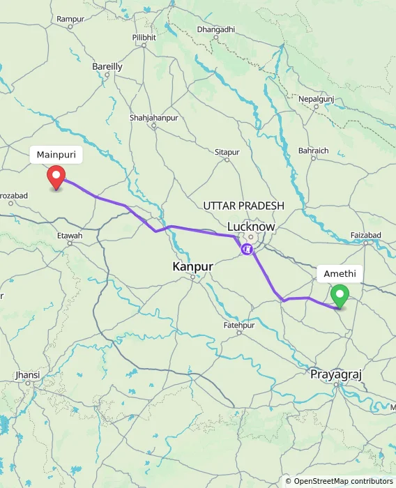 Route map showing distance and travel time from Amethi, India to Mainpuri, India