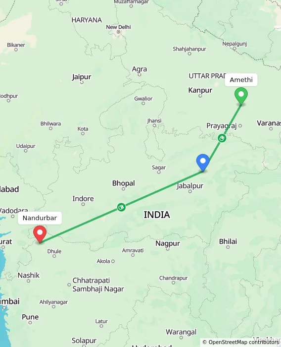 Route map showing distance and travel time from Amethi, India to Nandurbar, India