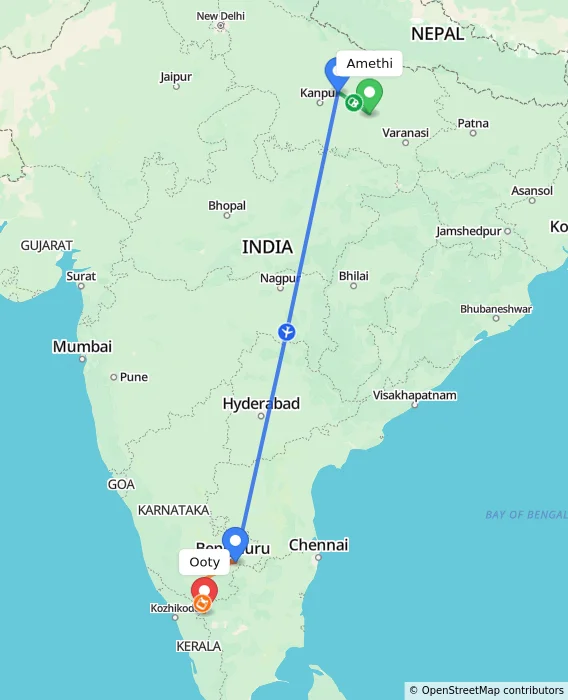 Route map showing distance and travel time from Amethi, India to Ooty, India