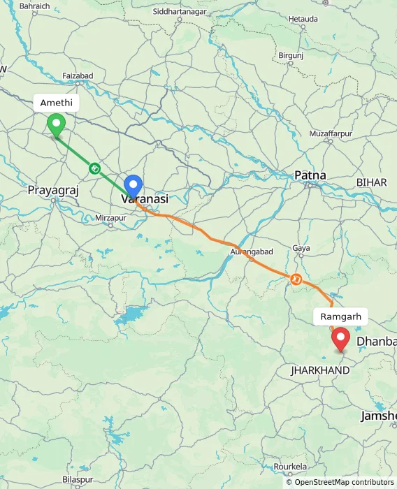 Route map showing distance and travel time from Amethi, India to Ramgarh, India