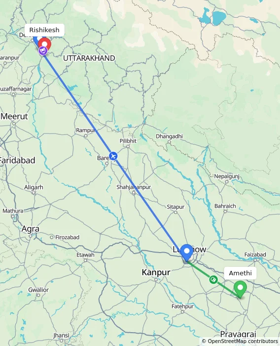 Route map showing distance and travel time from Amethi, India to Rishikesh, India