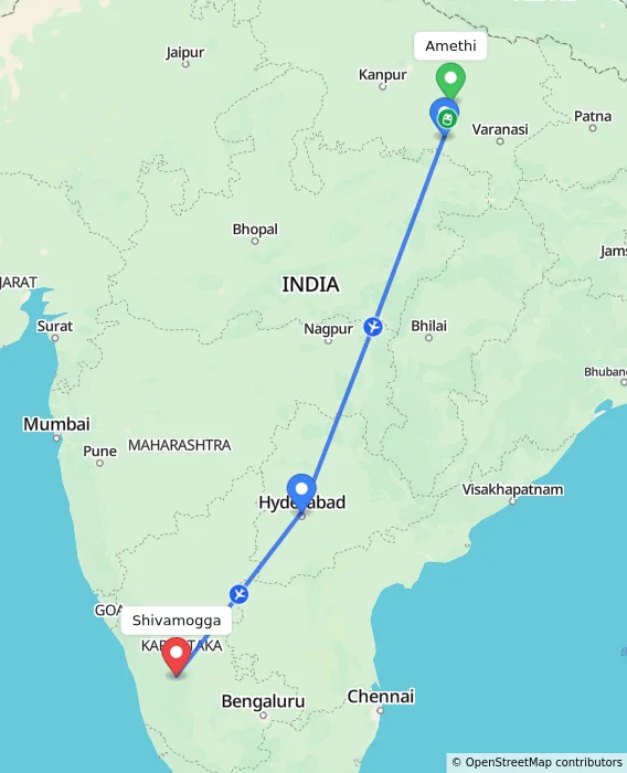 Route map showing distance and travel time from Amethi, India to Shivamogga, India