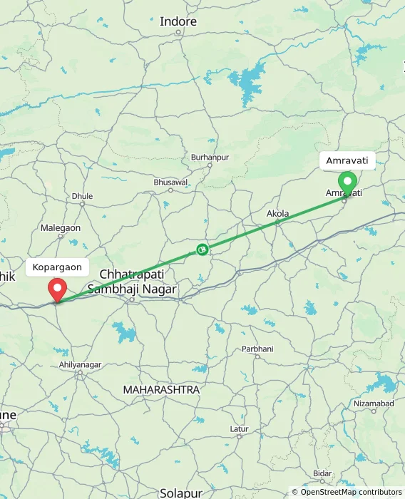 Route map showing distance and travel time from Amravati, India to Kopargaon, India
