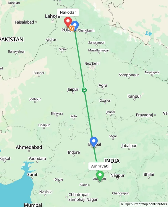 Route map showing distance and travel time from Amravati, India to Nakodar, India